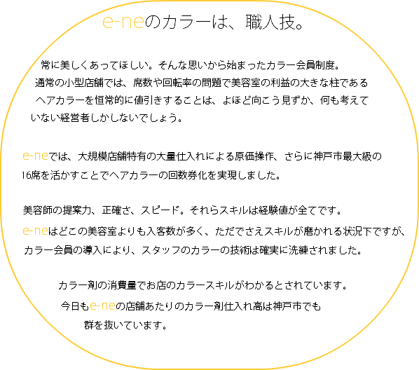  e-neのカラーは、職人技。 常に美しくあってほしい。そんな思いから始まったカラー会員制度。 通常の小型店舗では、席数や回転率の問題で美容室の利益の大きな柱である ヘアカラーを恒常的に値引きすることは、よほど向こう見ずか、何も考えて いない経営者しかしないでしょう。 e-neでは、大規模店舗特有の大量仕入れによる原価操作、さらに神戸市最大級の 16席を活かすことでヘアカラーの回数券化を実現しました。 美容師の提案力、正確さ、スピード。それらスキルは経験値が全てです。 e-neはどこの美容室よりも入客数が多く、ただでさえスキルが磨かれる状況下ですが、 カラー会員の導入により、スタッフのカラーの技術は確実に洗練されました。 カラー剤の消費量でお店のカラースキルがわかるとされています。 今日もe-neの店舗あたりのカラー剤仕入れ高は神戸市でも 群を抜いています。 